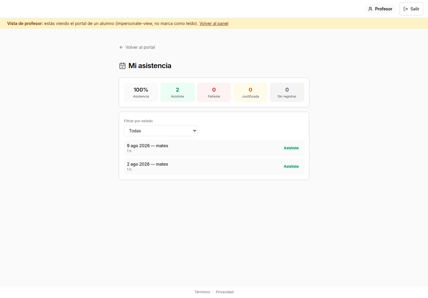 Registro de clases y asistencia del alumno dentro del portal