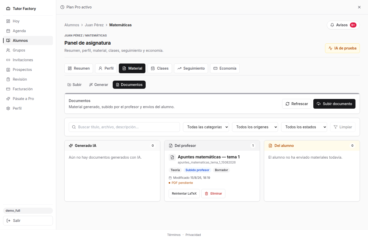 Gestión de material y documentos por asignatura en el panel del profesor